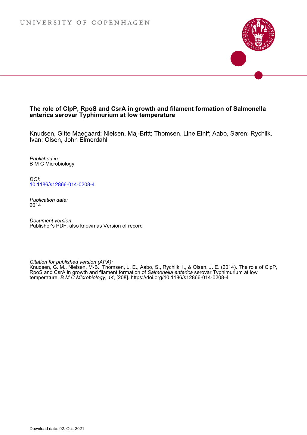 The Role of Clpp, Rpos and Csra in Growth and Filament Formation of Salmonella Enterica Serovar Typhimurium at Low Temperature