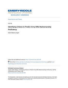 Identifying Criteria to Predict Army Rifle Marksmanship Proficiency