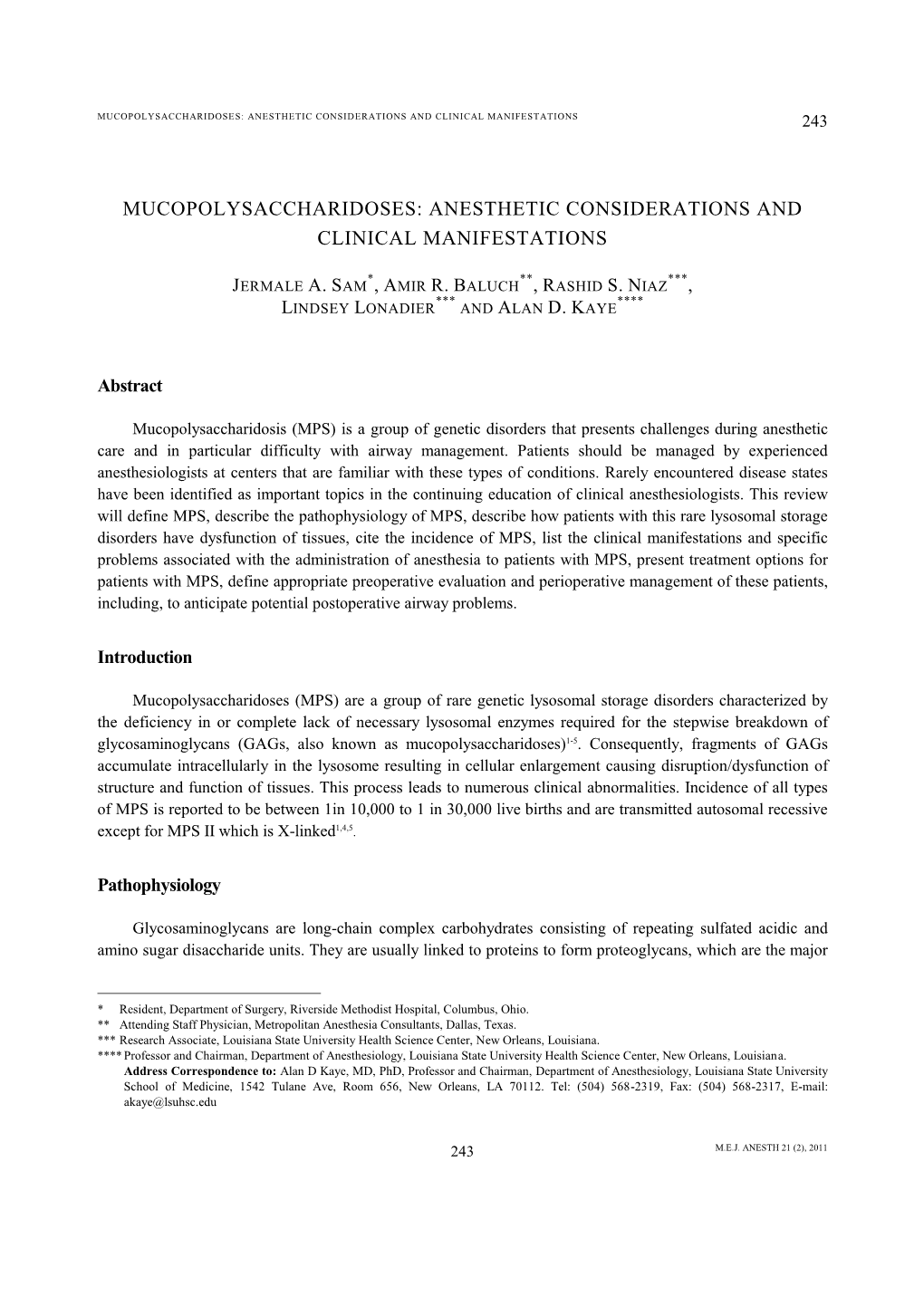 Anesthetic Considerations and Clinical Manifestations 243