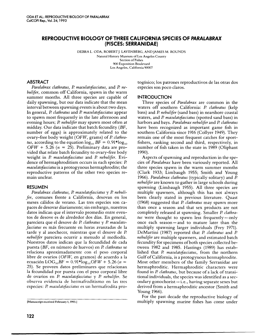 Reproductive Biology of Three California Species of Paralabrax (Pisces: Serranidae)