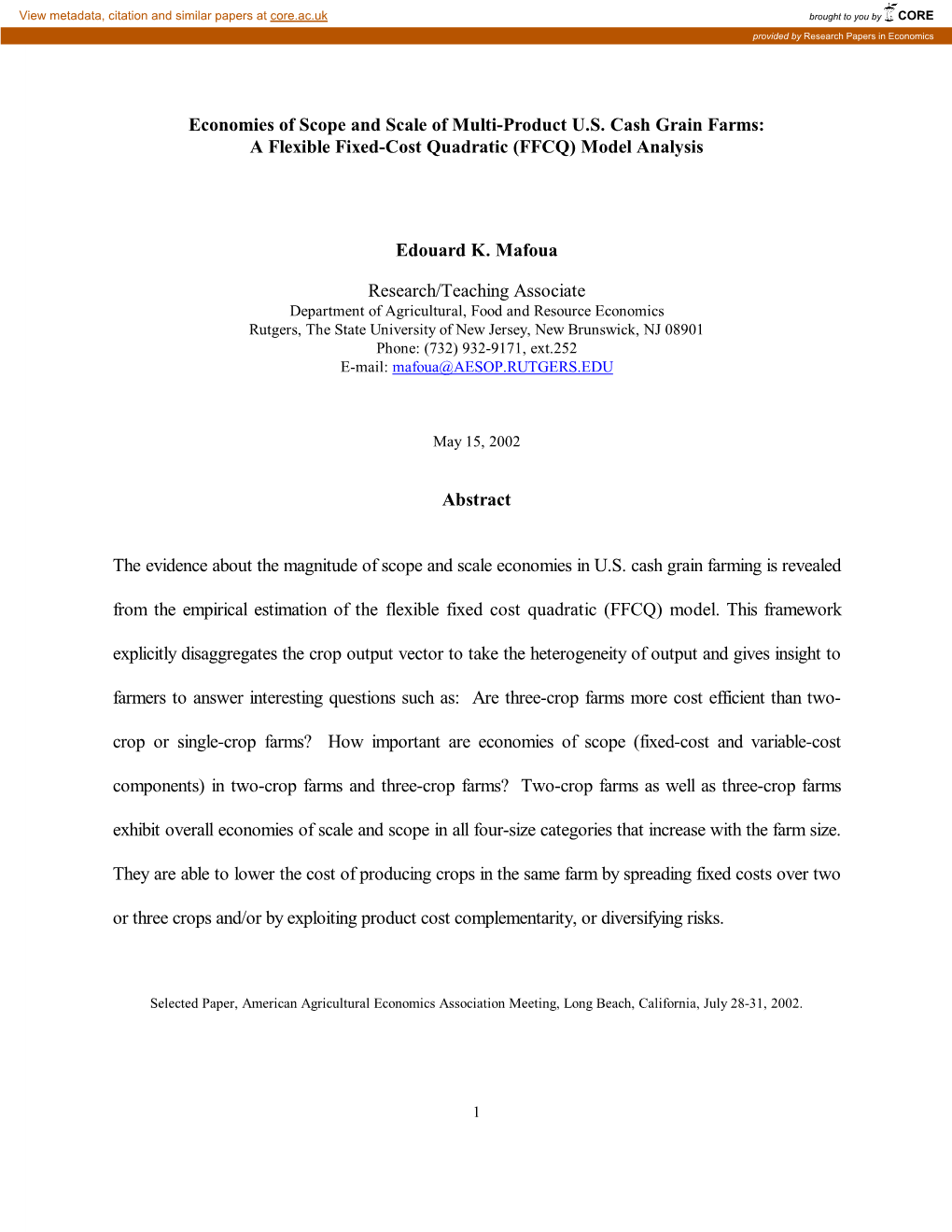 Economies of Scope and Scale of Multi-Product US Cash Grain Farms