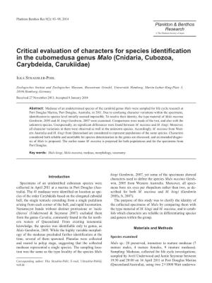 Critical Evaluation of Characters for Species Identification in The