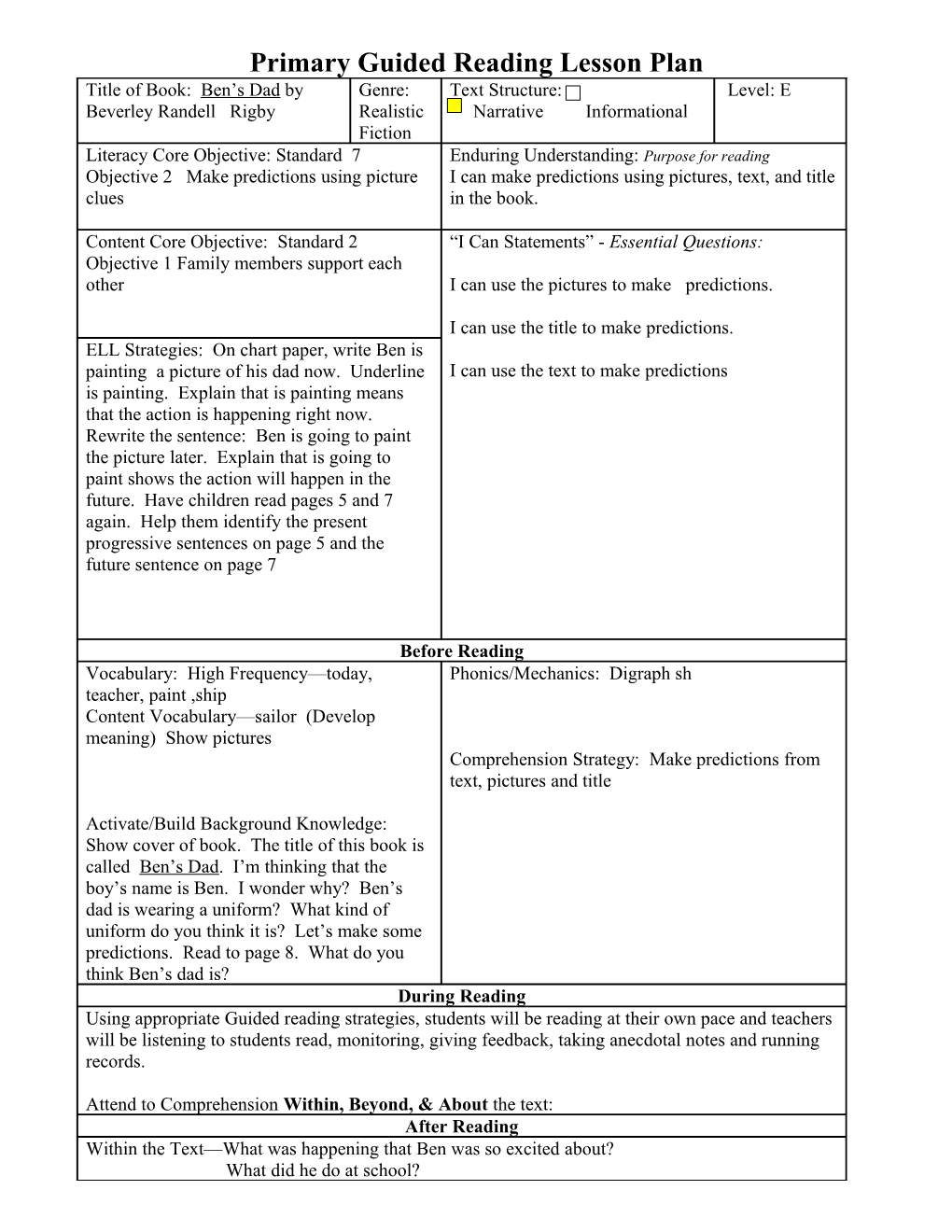 Primary Guided Reading Lesson Plan s4