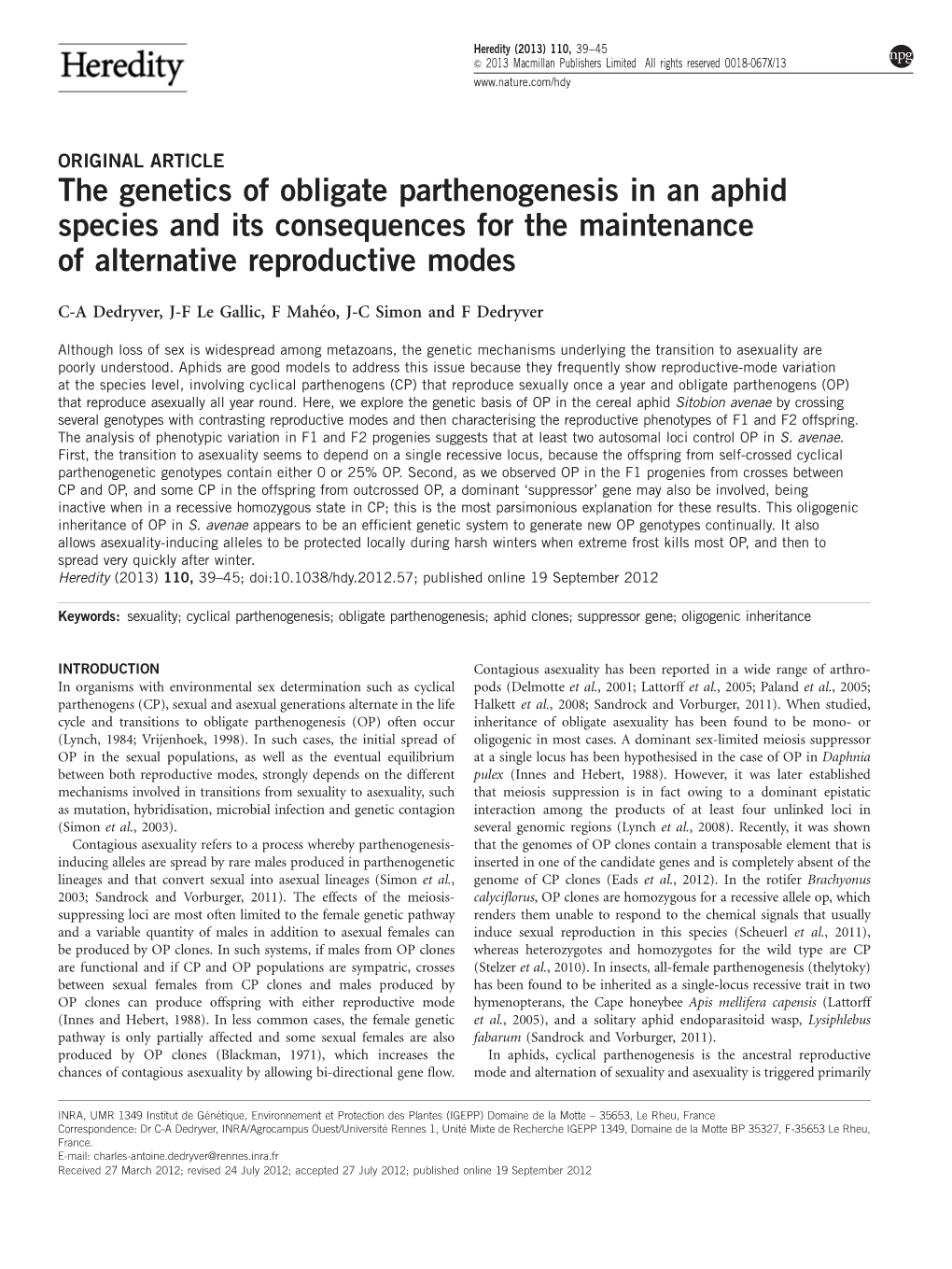 The Genetics of Obligate Parthenogenesis in an Aphid Species and Its Consequences for the Maintenance of Alternative Reproductive Modes