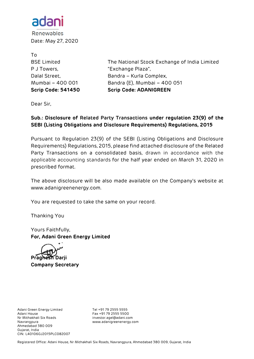 May 27, 2020 to BSE Limited the National Stock Exchange of India