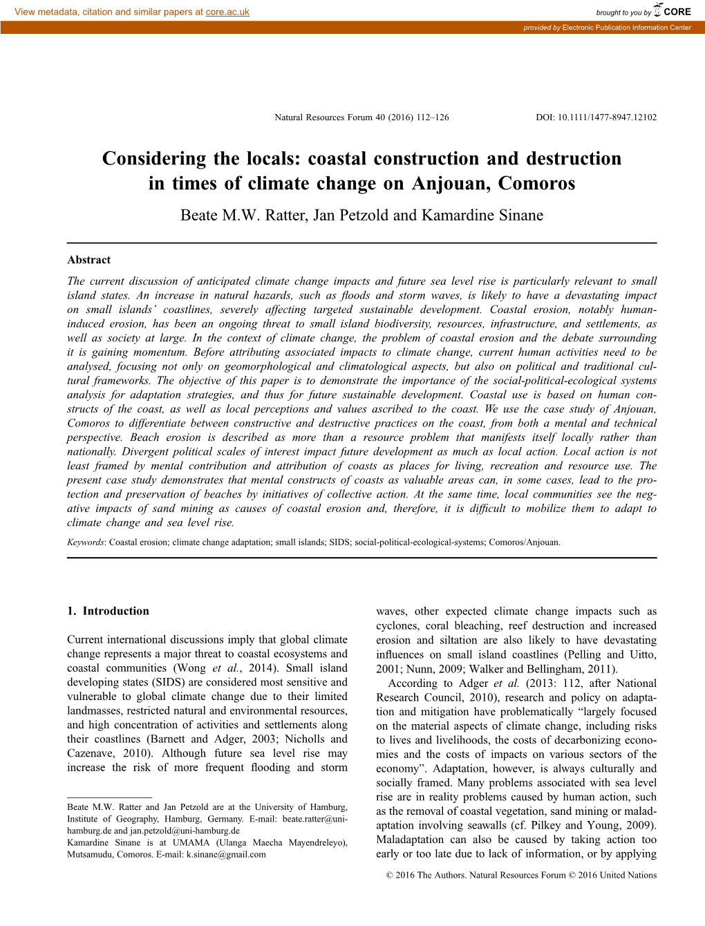 Coastal Construction and Destruction in Times of Climate Change on Anjouan, Comoros Beate M.W