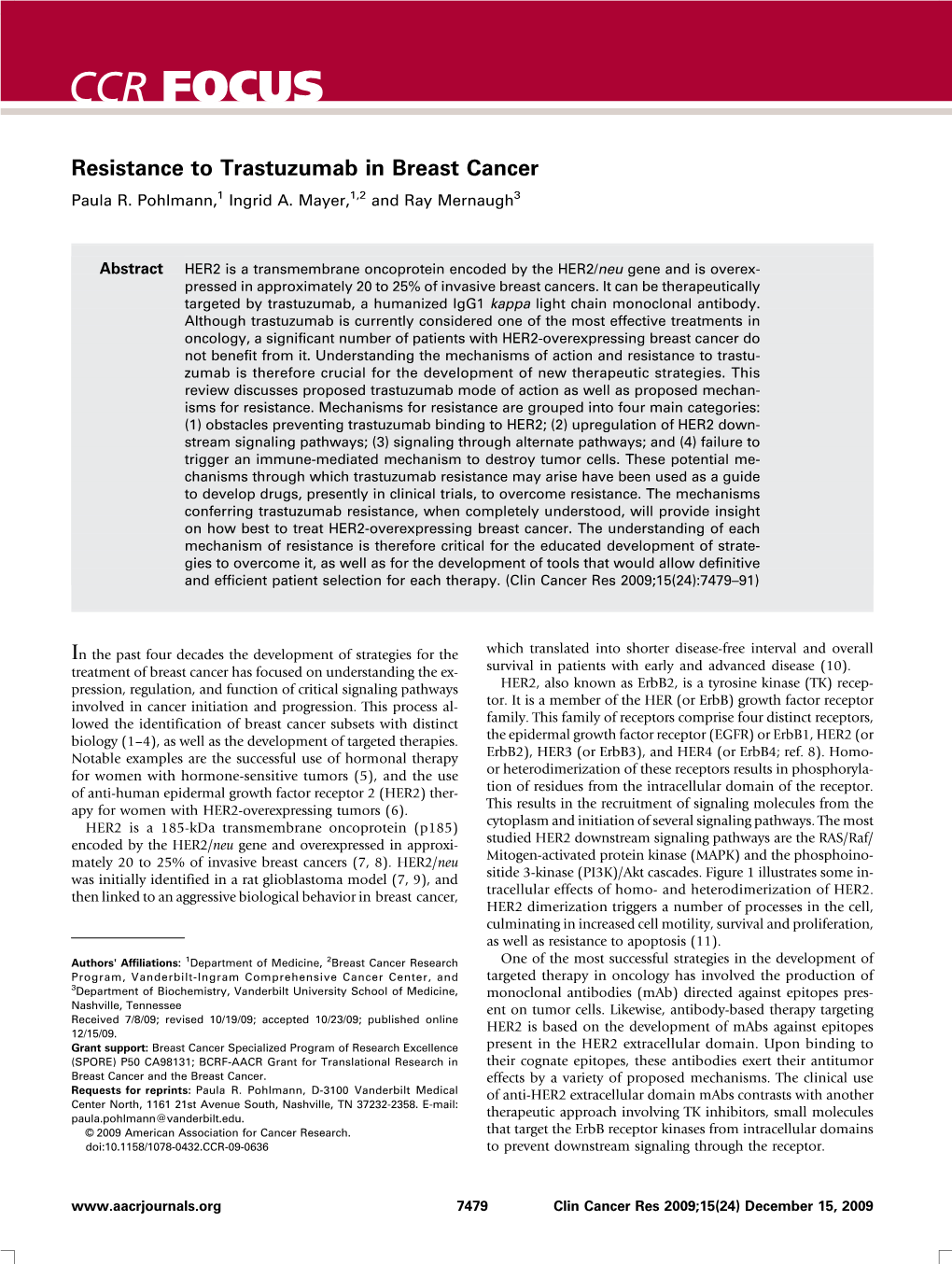 Resistance to Trastuzumab in Breast Cancer Paula R