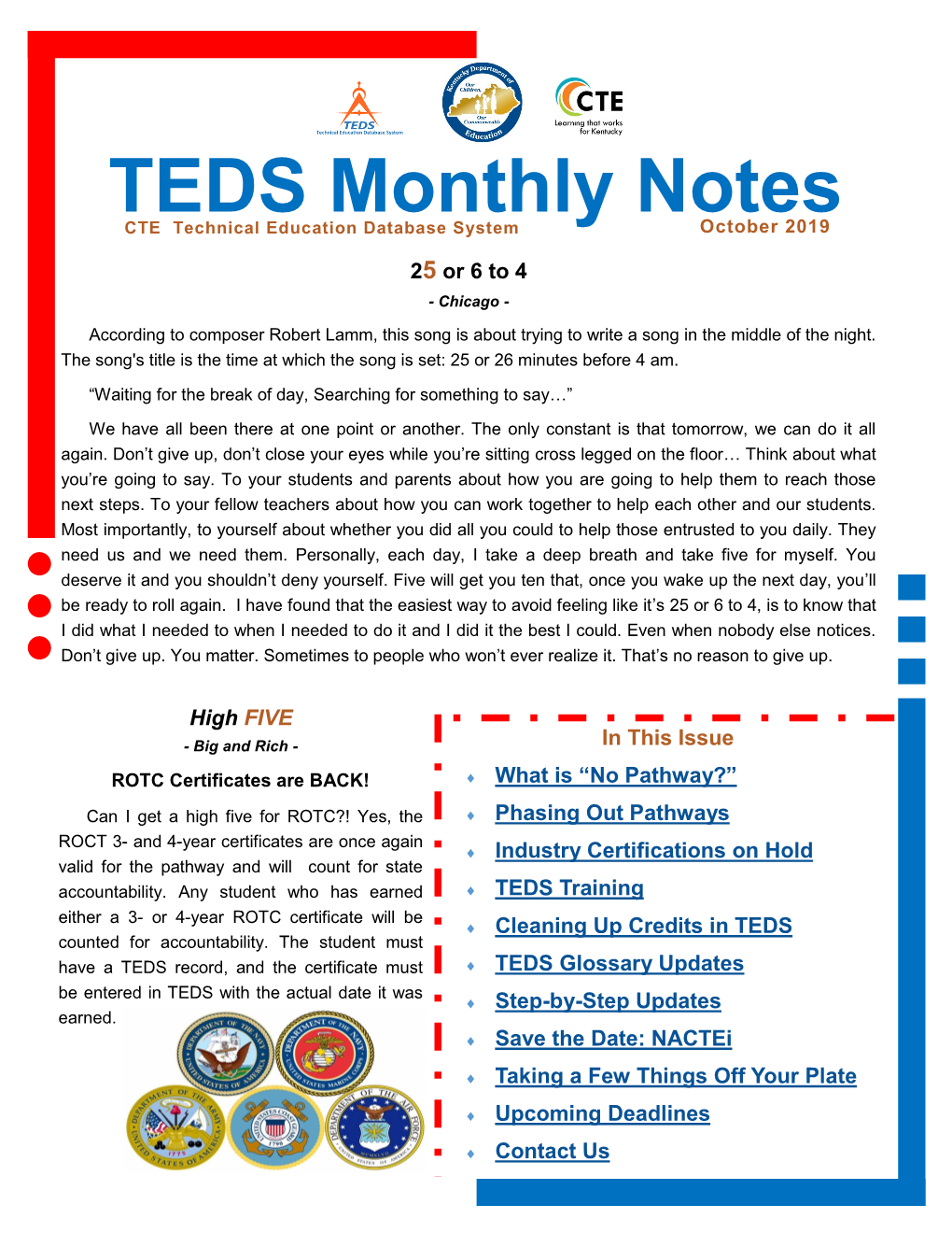 TEDS Monthly Notes CTE Technical Education Database System October 2019