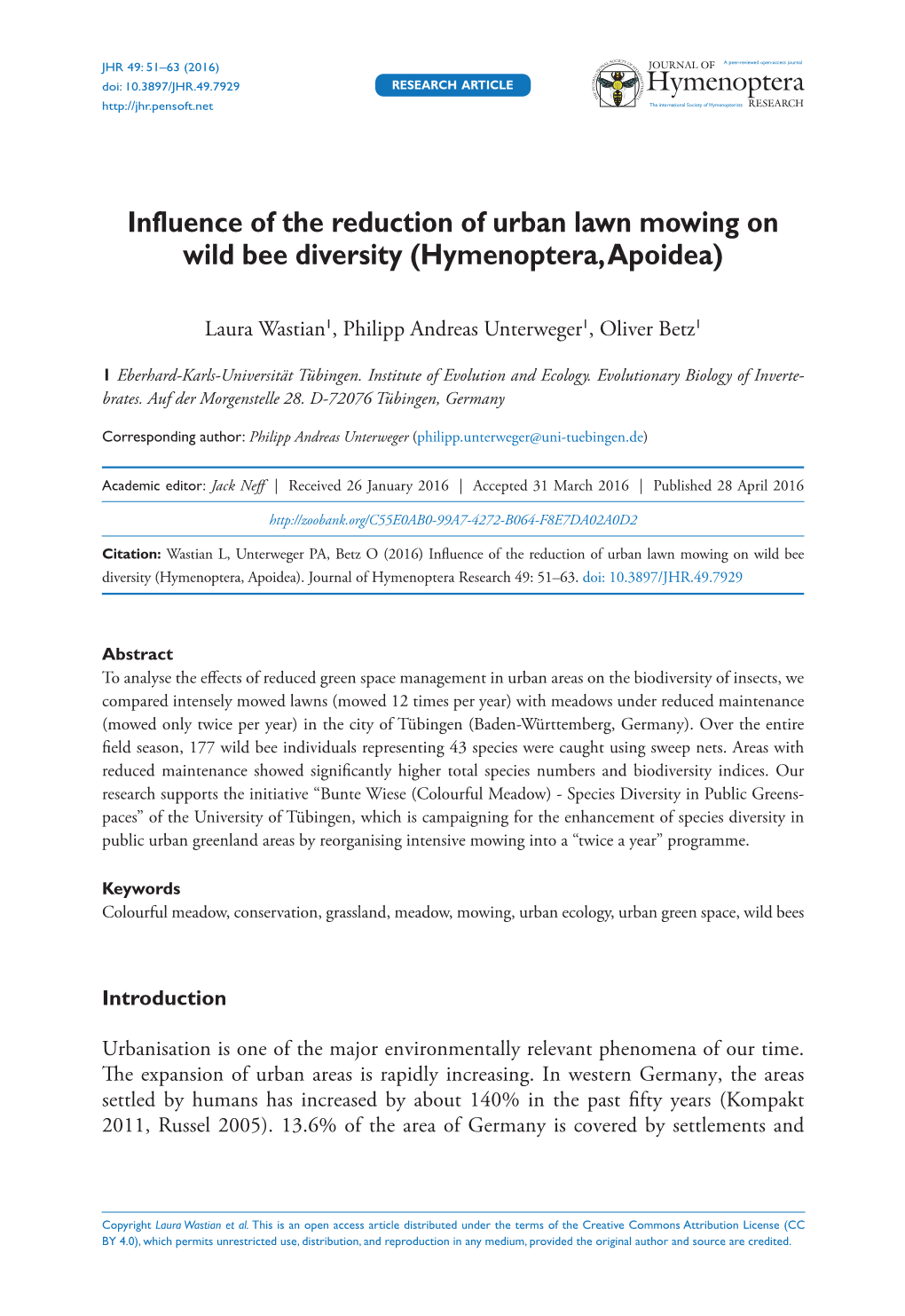 Influence of the Reduction of Urban Lawn Mowing on Wild Bee Diversity