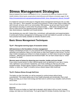 Stress Management Strategies Material Adapted from Concern Worldwide (U.S.) Inc.’S Innovations for Maternal, Newborn & Child Health Initiative