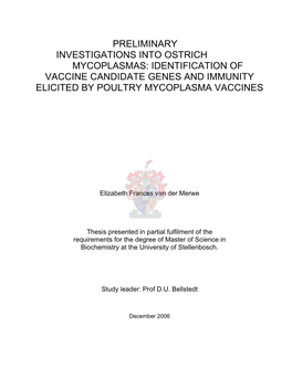 Preliminary Investigations Into Ostrich Mycoplasmas : Indentification Of