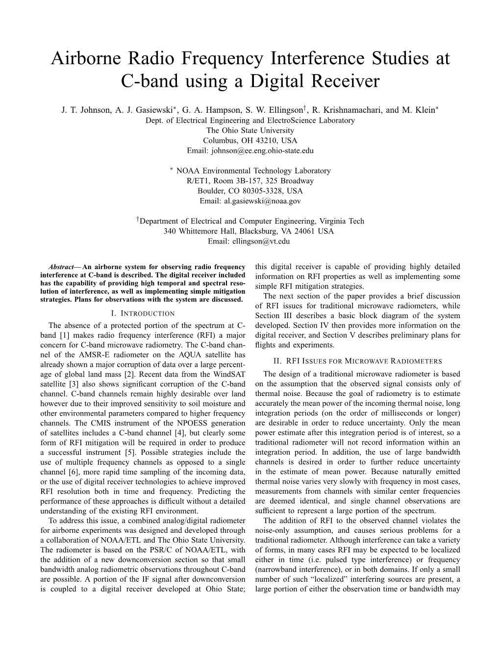 Airborne Radio Frequency Interference Studies at C-Band Using a Digital Receiver