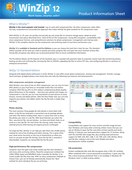 Winzip 12 Work Faster, Smarter, Safer! Product Information Sheet