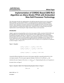 Implementation of CORDIC-Based QRD-RLS Algorithm on Altera Stratix FPGA with Embedded Nios Soft Processor Technology