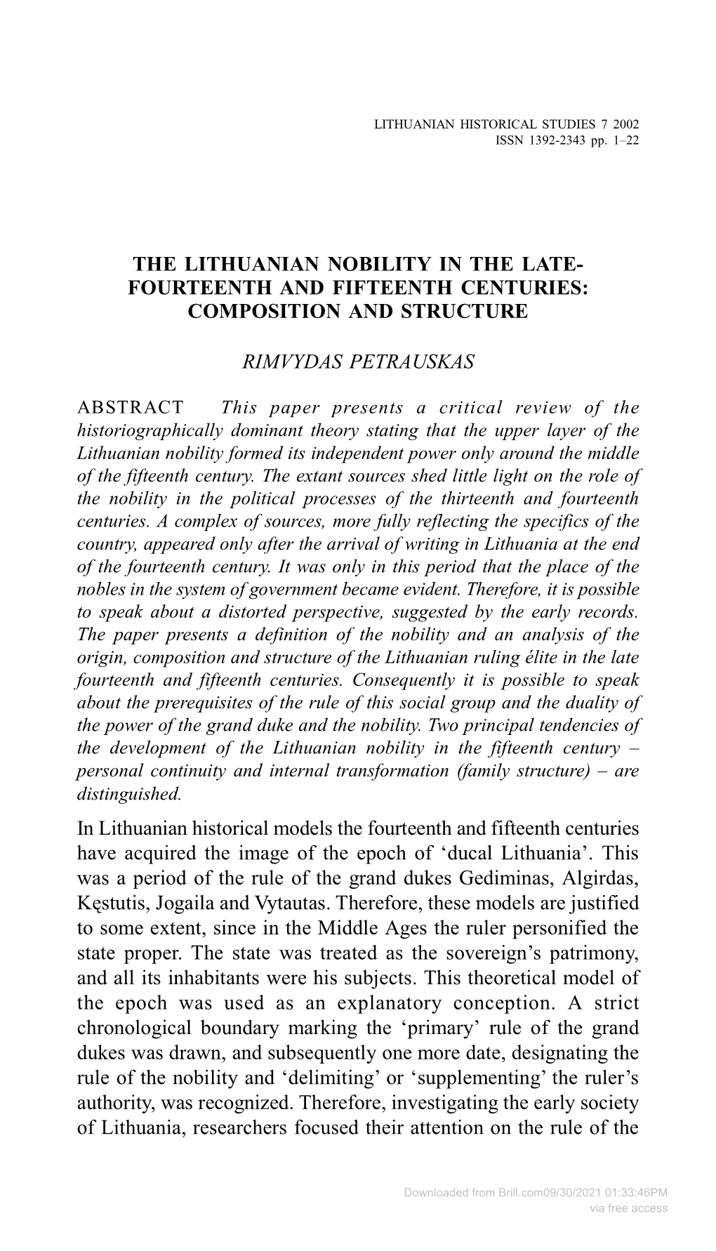 The Lithuanian Nobility in the Late- Fourteenth and Fifteenth Centuries: Composition and Structure