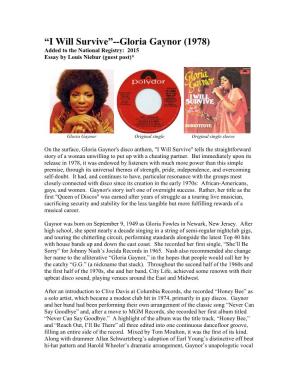 I Will Survive”--Gloria Gaynor (1978) Added to the National Registry: 2015 Essay by Louis Niebur (Guest Post)*