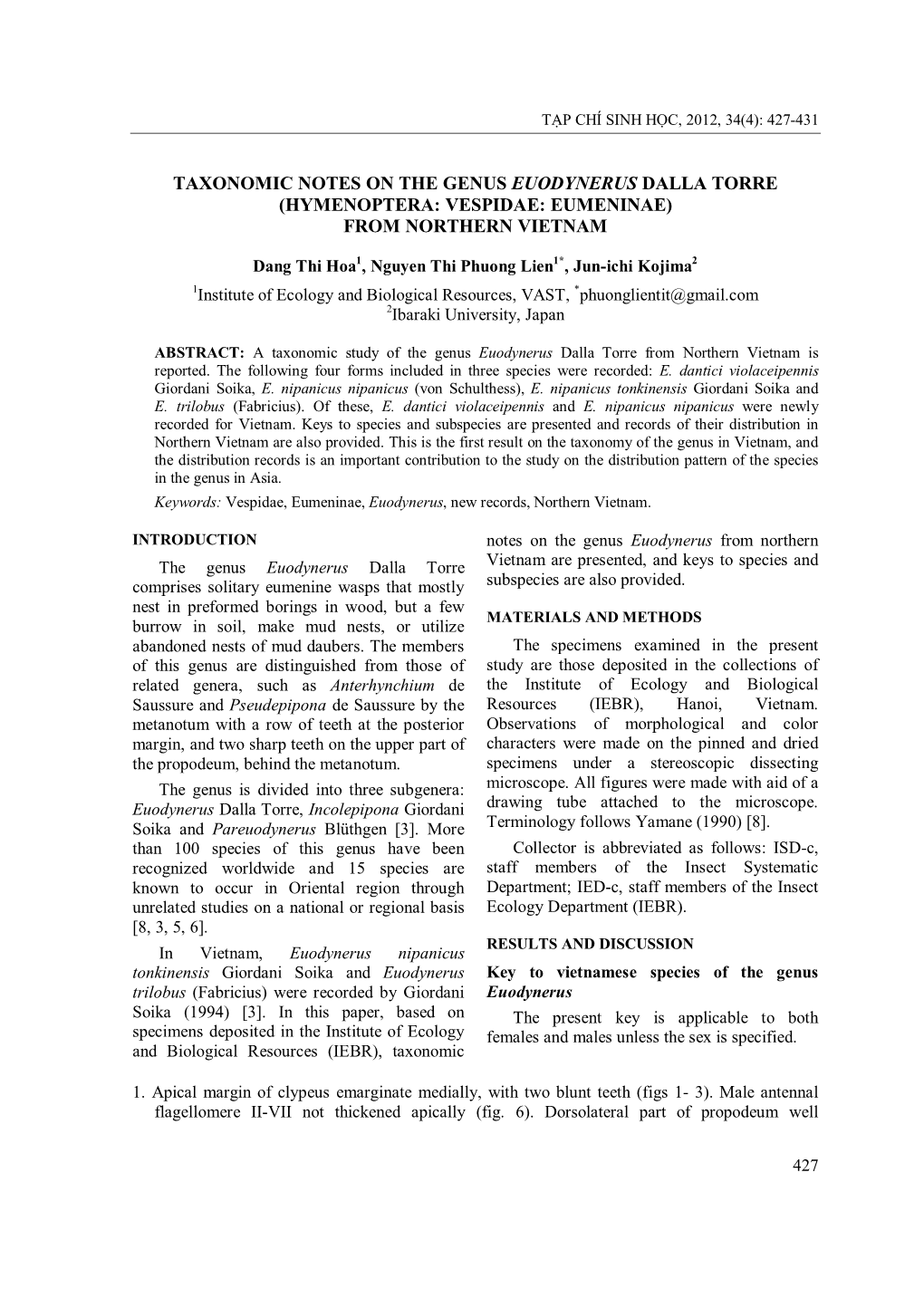 Taxonomic Notes on the Genus Euodynerus Dalla Torre (Hymenoptera: Vespidae: Eumeninae) from Northern Vietnam