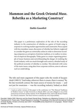 Mammon and the Greek Oriental Muse. Rebetika As a Marketing Construct*