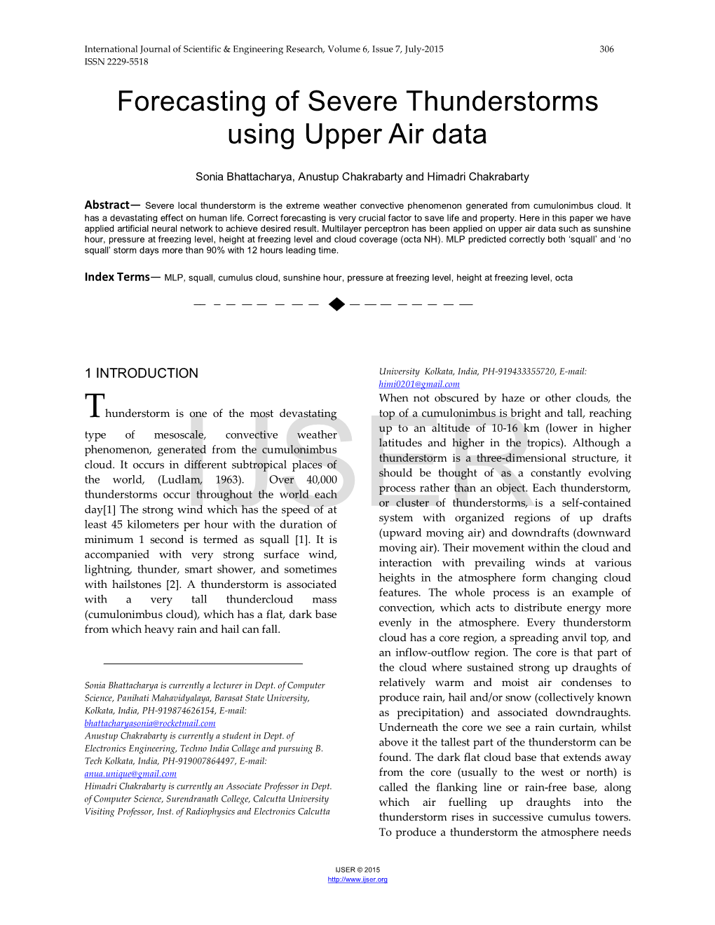 Forecasting of Severe Thunderstorms Using Upper Air Data