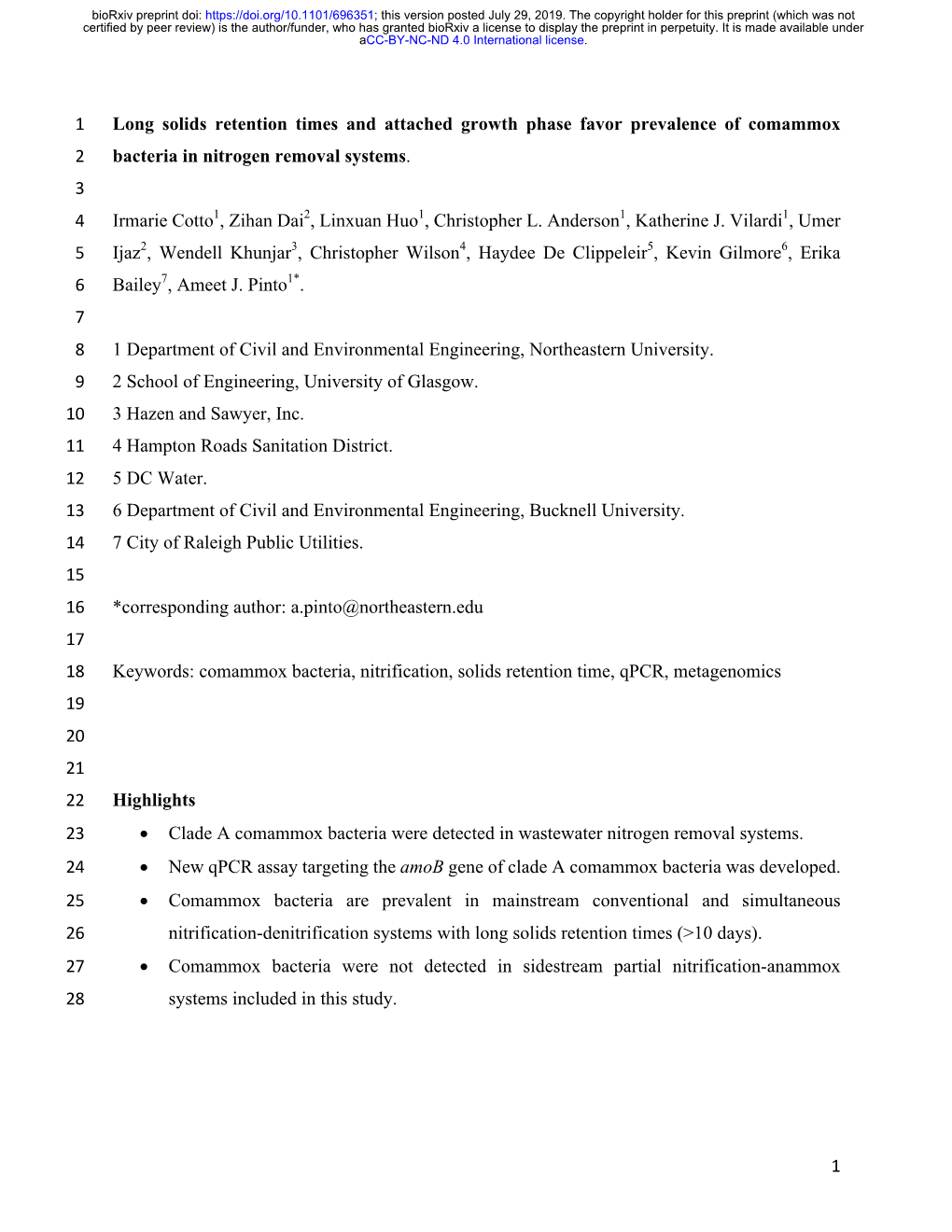 Long Solids Retention Times and Attached Growth Phase Favor Prevalence of Comammox 2 Bacteria in Nitrogen Removal Systems