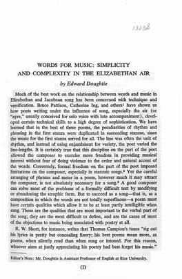 Words for Music: Simplicity and Complexity in the Elizabethan a 2 Rice University Studies