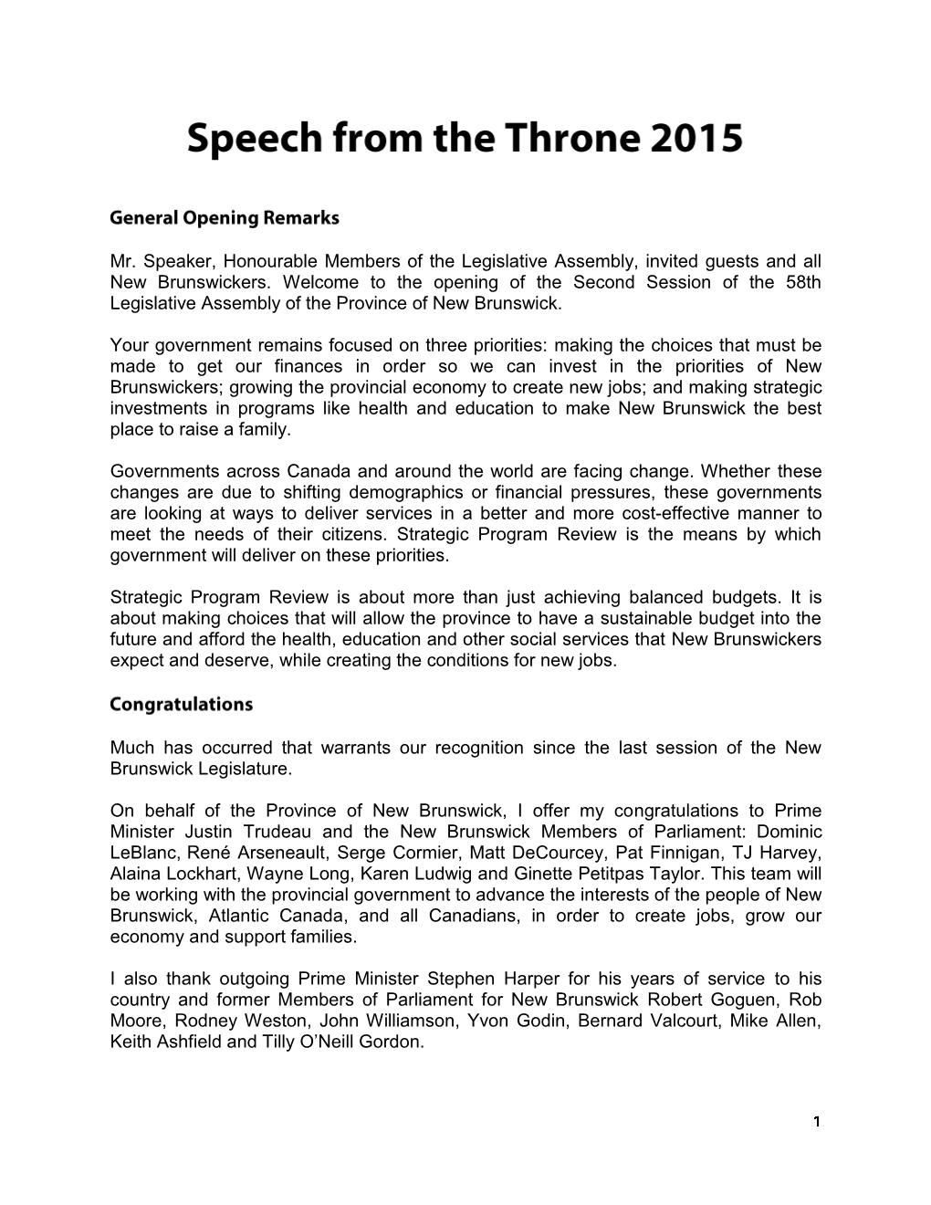 Speech from the Throne 2015