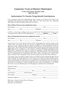 Authorization to Transfer Fringe Benefit Contributions (1-1-2014)