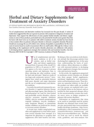 Herbal and Dietary Supplements for Treatment of Anxiety Disorders SY ATEZAZ SAEED, MD, RICHARD M