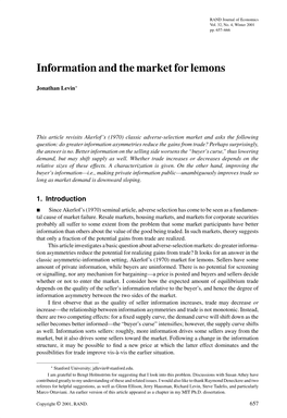 Information and the Market for Lemons