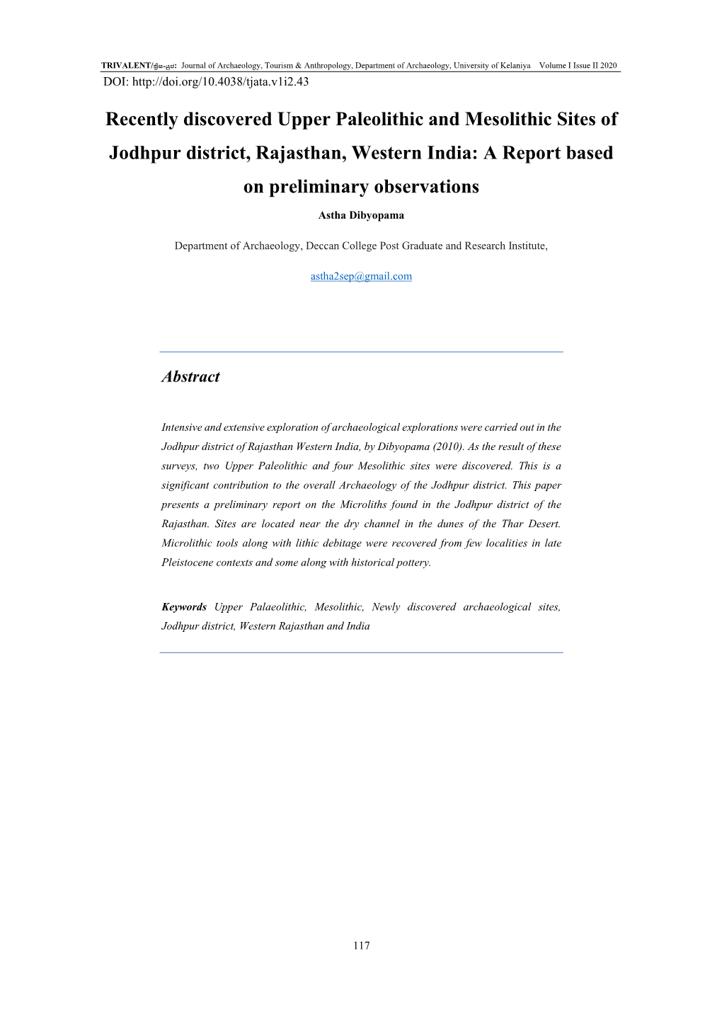 Recently Discovered Upper Paleolithic and Mesolithic Sites of Jodhpur District, Rajasthan, Western India: a Report Based on Preliminary Observations