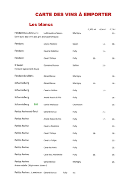 Carte De Vins À L'emporter