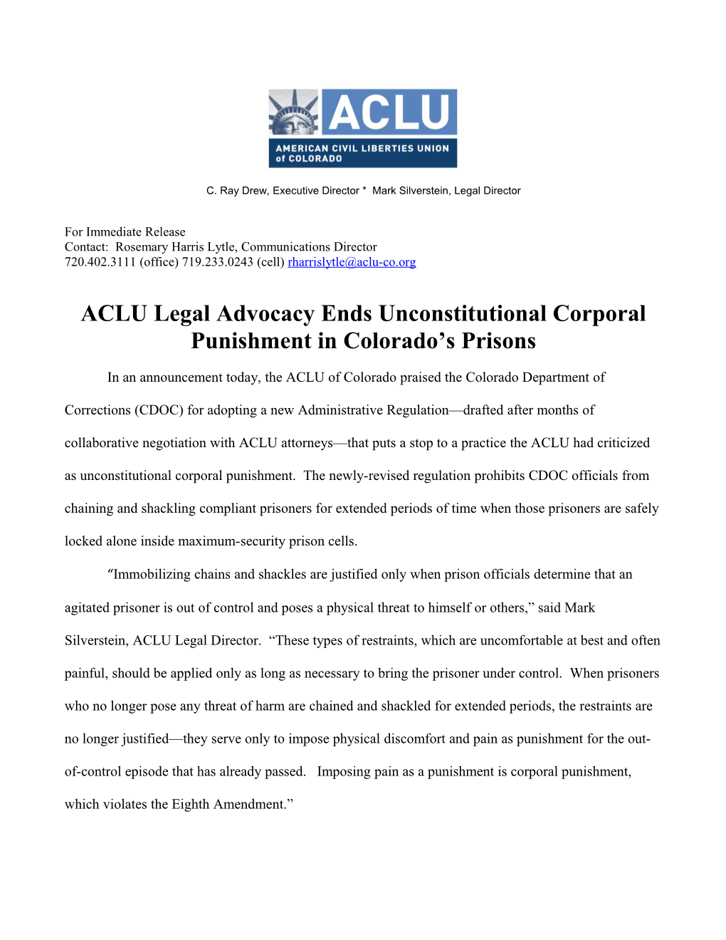 ACLU Legal Advocacy Ends Unconstitutional Corporal Punishment in Colorado S Prisons