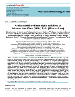 Antibacterial and Hemolytic Activities of Mimosa Tenuiflora (Willd) Poir