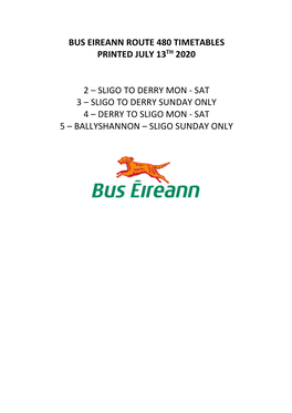 Bus Eireann Route 480 Timetables Printed July 13Th 2020