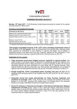 EARNINGS RELEASE: Q4 2016-17 Summary Consolidated Financials