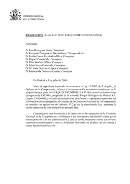 RESOLUCIÓN (Expte. C-0156/09, PARQUES REUNIDOS/FAUNIA)