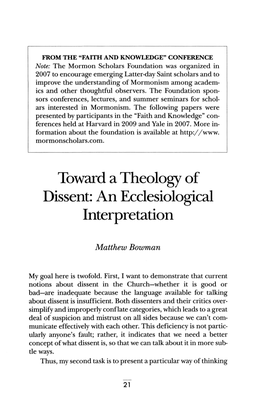 Toward a Theology of Dissent: an Ecclesiological Interpretation