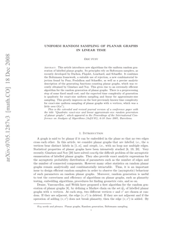 Arxiv:0705.1287V3 [Math.CO] 18 Dec 2008 Rs Ahohr Nti Ril,W Osdrpaa Rpsta a That Graphs Planar Consider We Article, This in Other