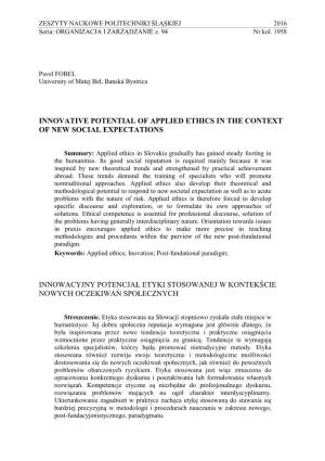 Innovative Potential of Applied Ethics in the Context of New Social Expectations