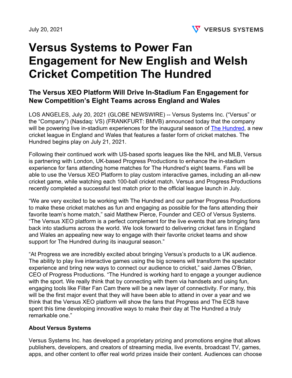 Versus Systems to Power Fan Engagement for New English and Welsh Cricket Competition the Hundred