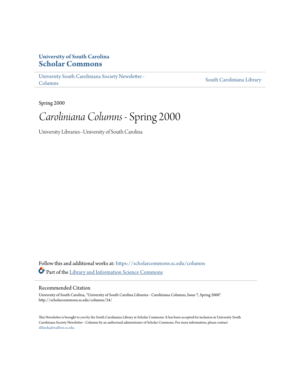 Caroliniana Columns - Spring 2000 University Libraries--University of South Carolina