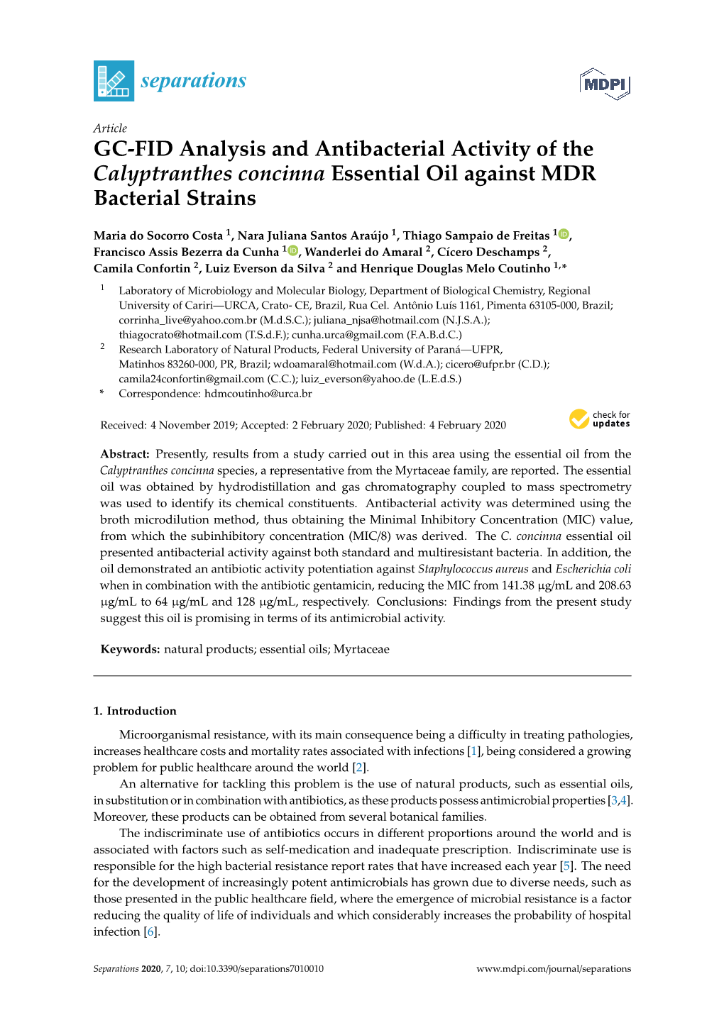 GC-FID Analysis and Antibacterial Activity of the Calyptranthes Concinna Essential Oil Against MDR Bacterial Strains