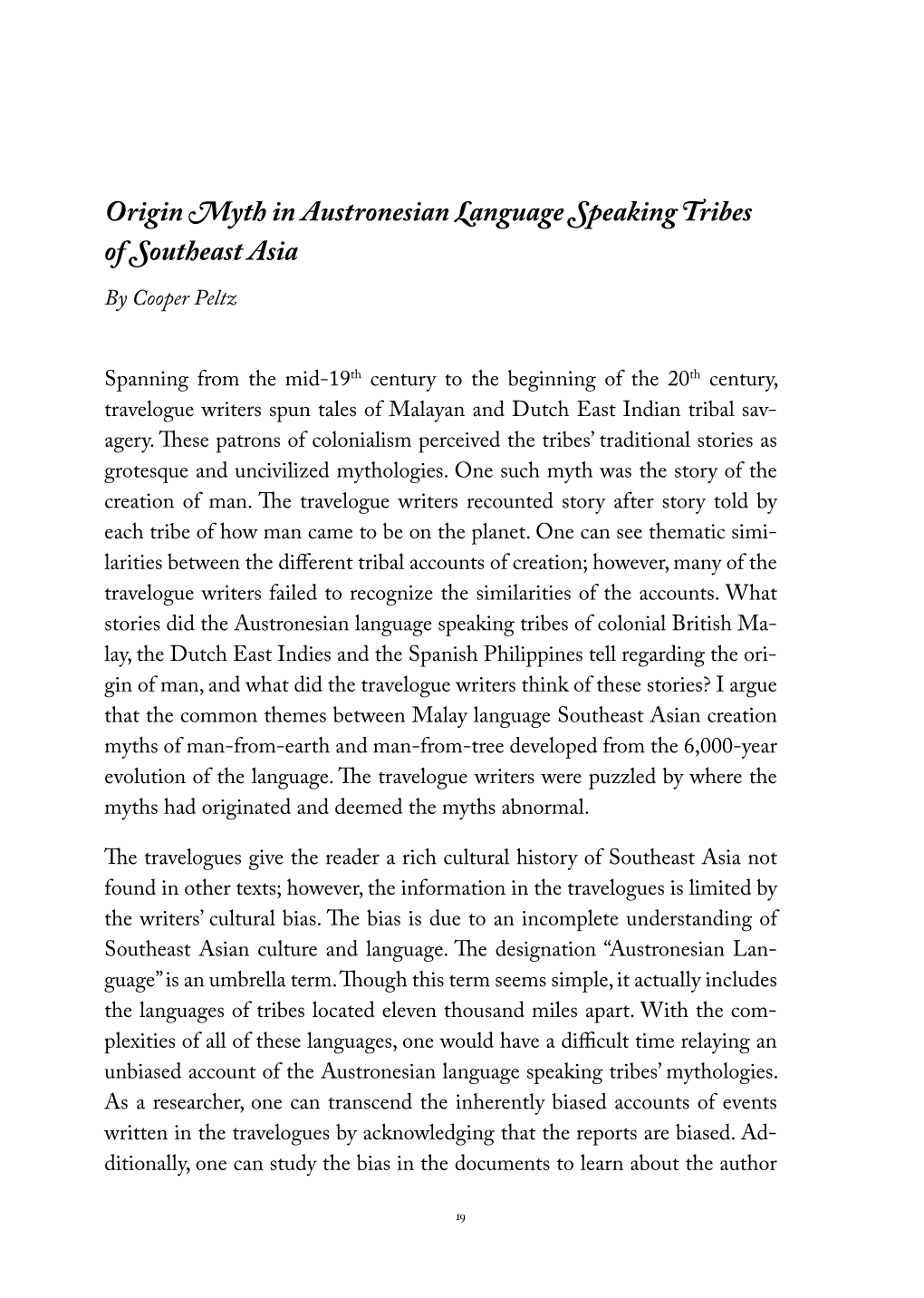 Origin Myth in Austronesian Language Speaking Tribes of Southeast Asia by Cooper Peltz