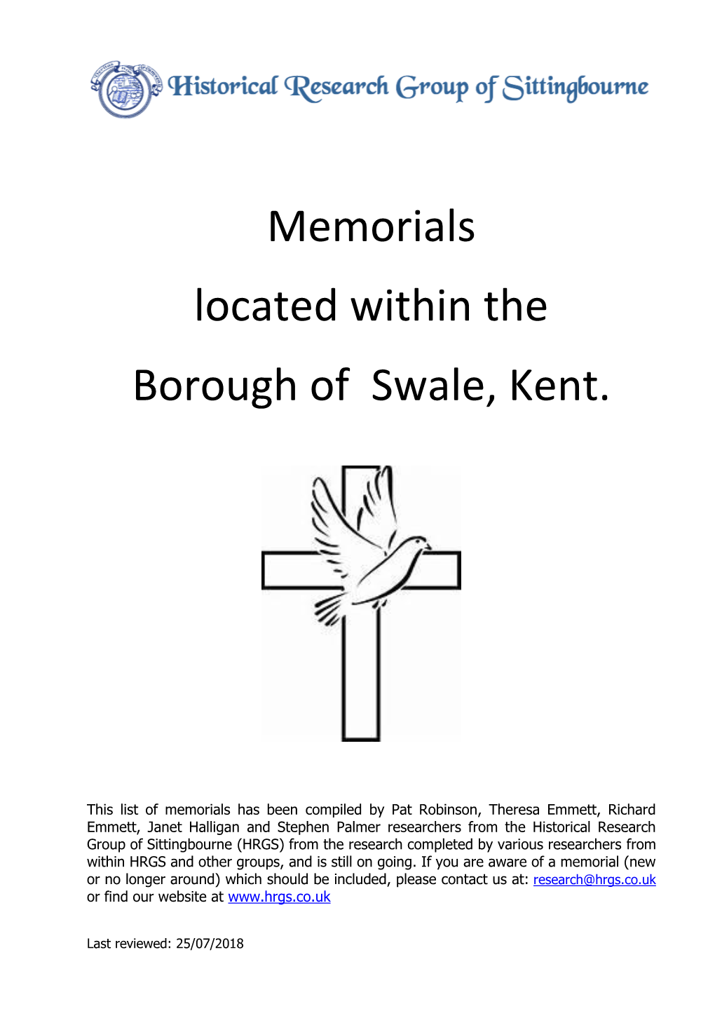 Memorials Located Within the Borough of Swale, Kent