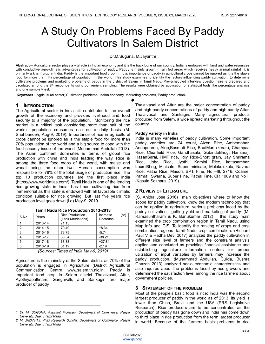 A Study on Problems Faced by Paddy Cultivators in Salem District