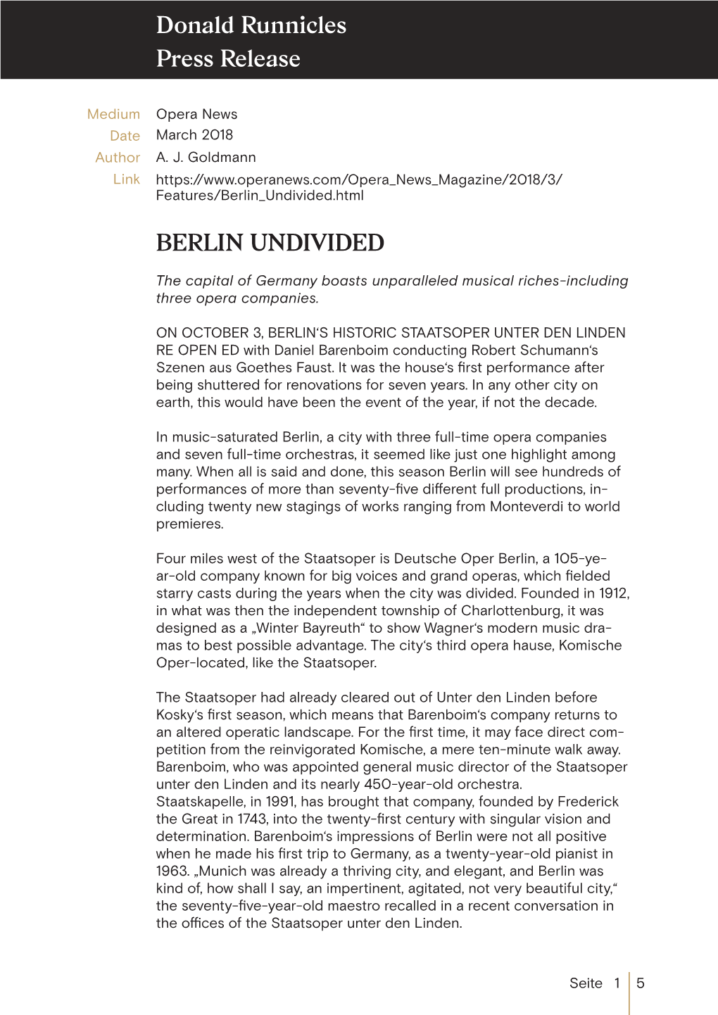 BERLIN UNDIVIDED Press Release Donald Runnicles