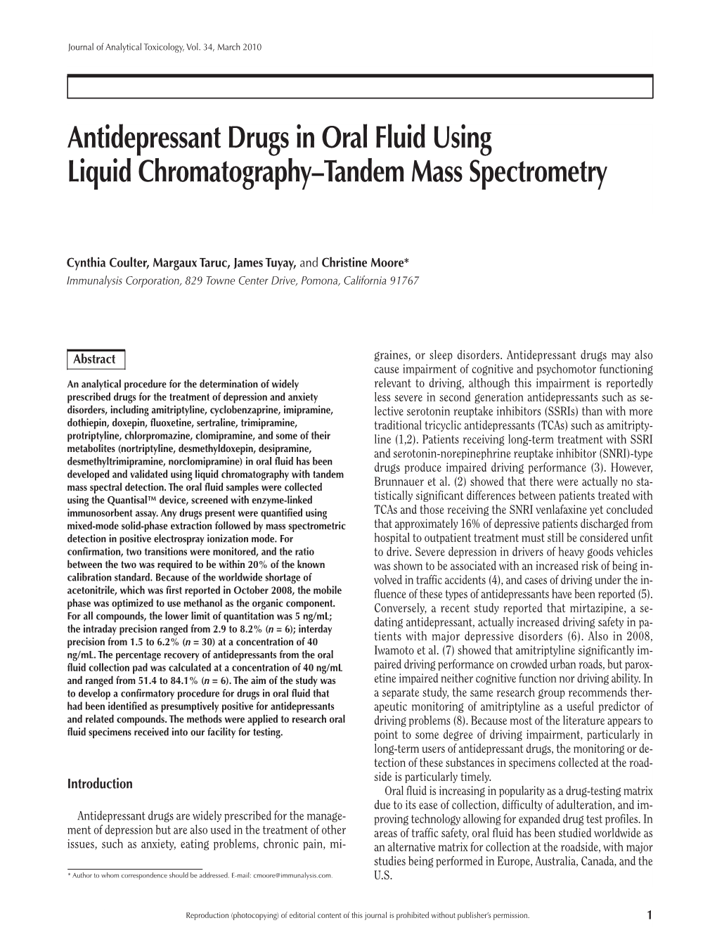 Antidepressant Drugs in Oral Fluid Using Liquid Chromatography –Tandem Mass Spectrometry