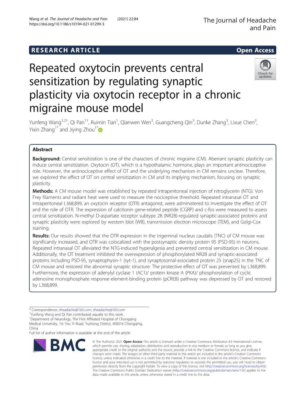 Repeated Oxytocin Prevents Central Sensitization by Regulating Synaptic