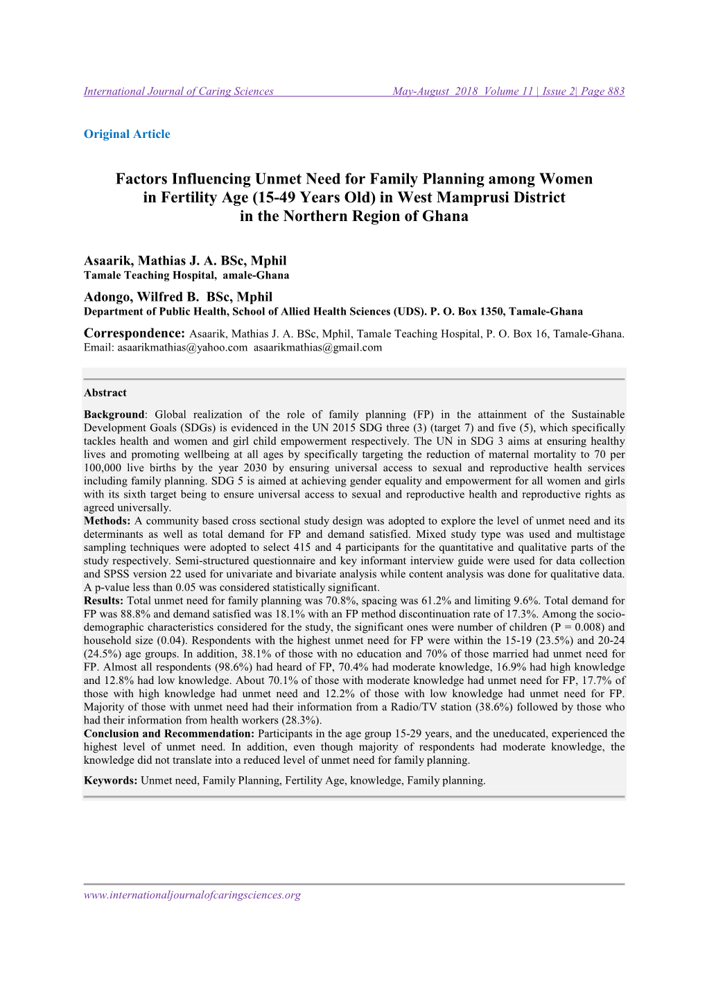 Factors Influencing Unmet Need for Family Planning Among Women in Fertility Age (15-49 Years Old) in West Mamprusi District in the Northern Region of Ghana