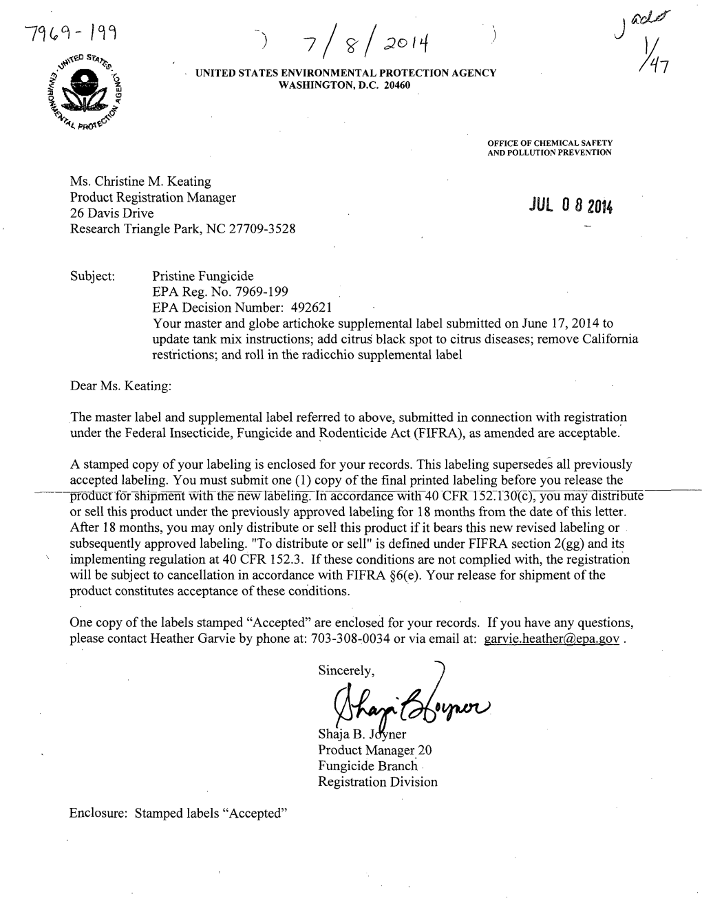 US EPA, Pesticide Product Label, PRISTINE FUNGICIDE, 07/08/2014